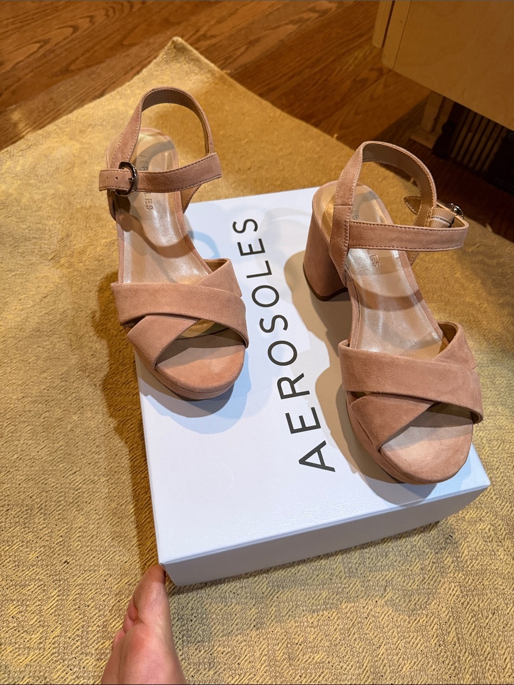 AEROSOLES Blush Tan Suede Block Heel Sandals